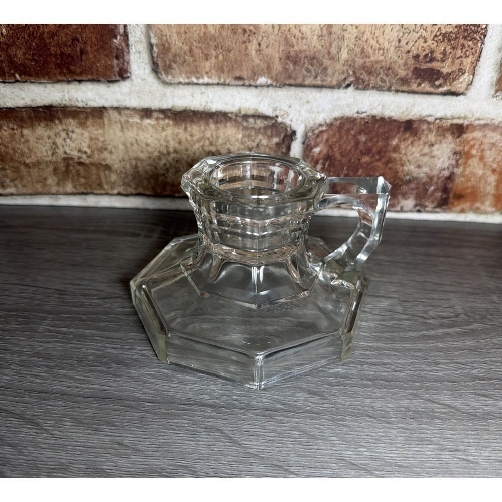 VTG Clear Pressed Glass Candle Holder Octagon Shape Finger‎ Ring Handle Unmarked